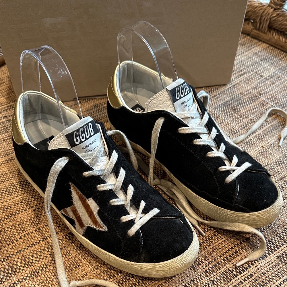 GOLDEN GOOSE Superstar Zebra Horsy Star Sneakers Black/Gold SIZE 37/7 NEW IN BOX